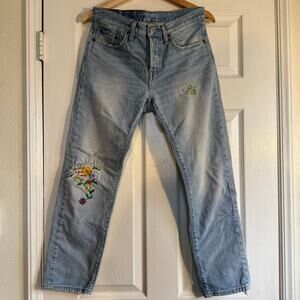 Levis 501 Light Wash Floral Hand Embroidered Patched Jeans W27 L28